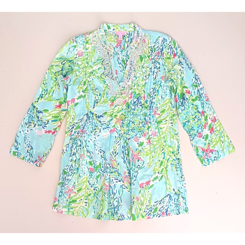 Lilly Pulitzer Sarasota Tunic Top White Beads Sky Blue Print XXS Pintuck Pleats